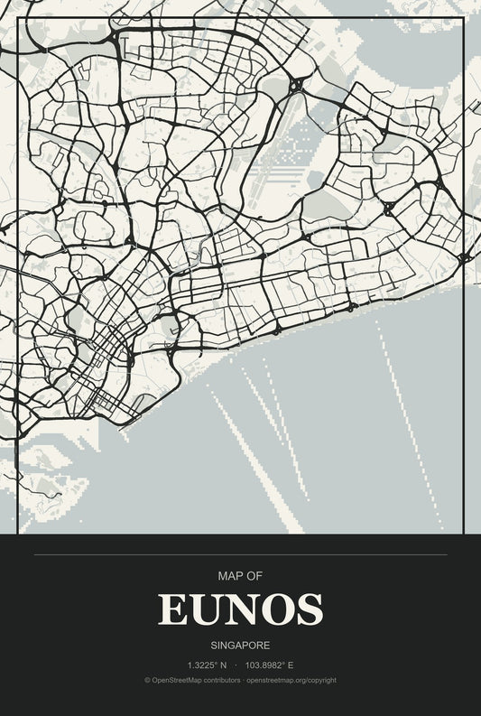 Eunos, Singapore City Map Aluminum Sign in Museum Plaque style
