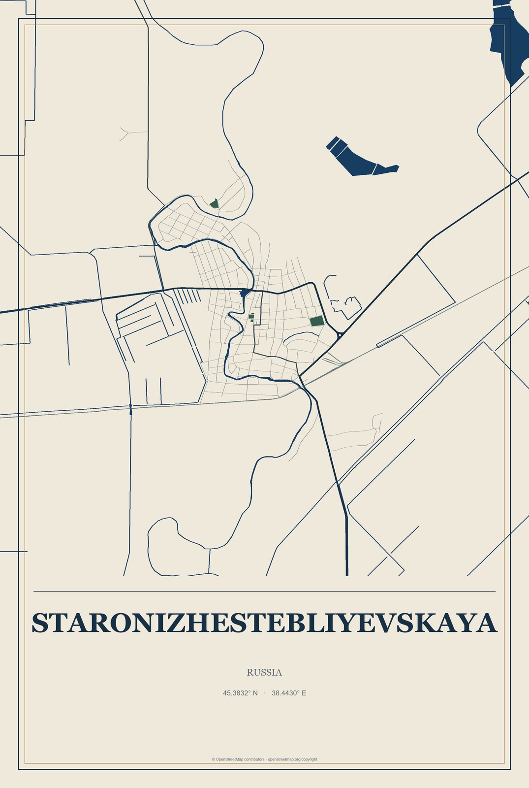 Staronizhestebliyevskaya, Russia City Map Aluminum Sign in Coastal Cutout style