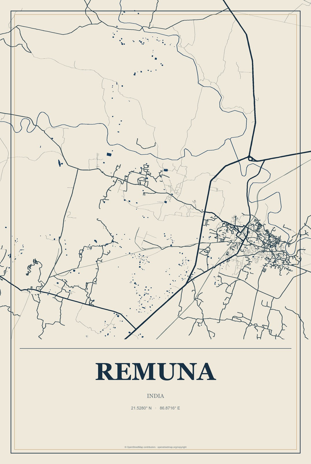 Remuna, India City Map Aluminum Sign in Coastal Cutout style