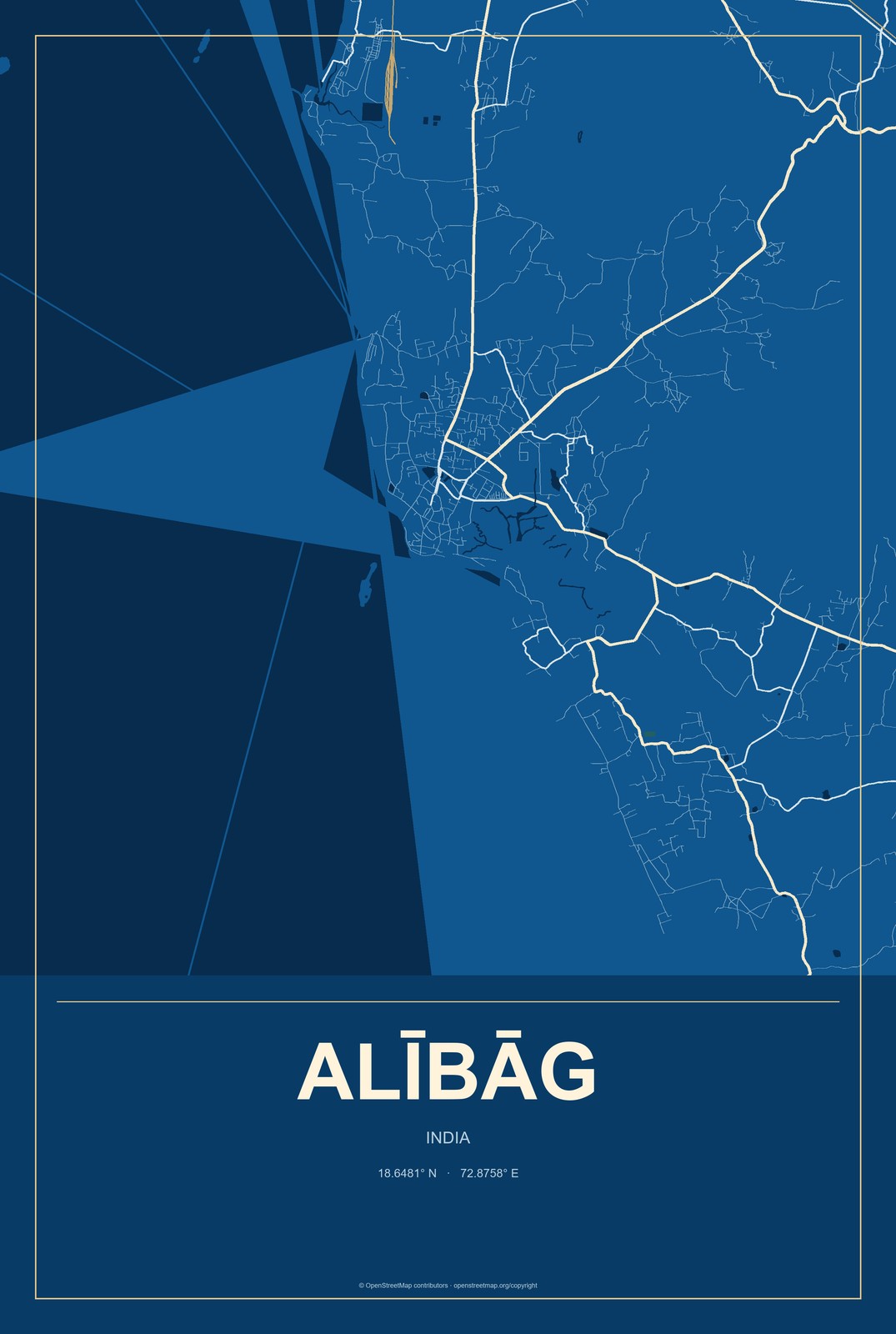 Alībāg, India City Map Aluminum Sign in Harbor Cobalt style