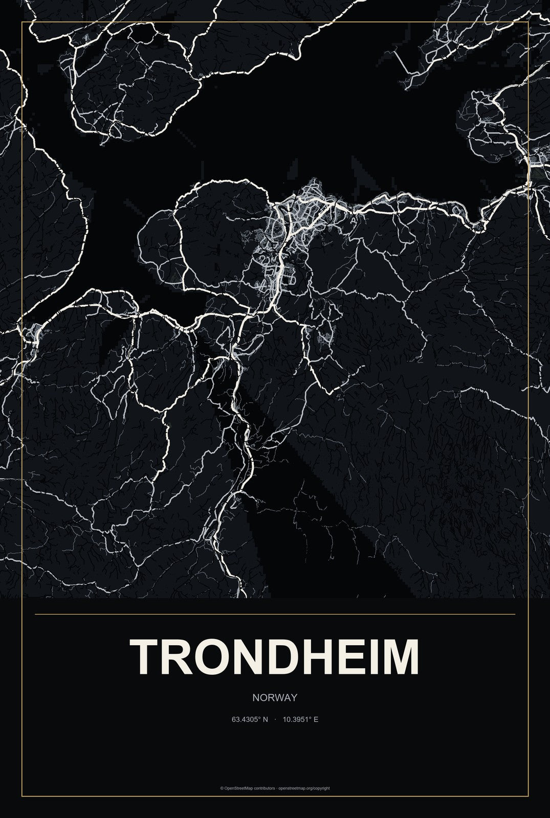 Trondheim, Norway City Map Aluminum Sign in Metropolitan Noir style