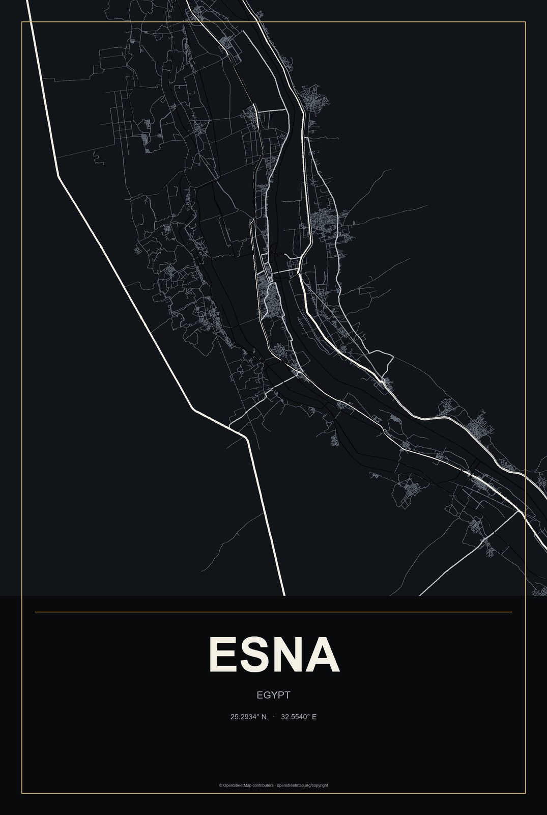 Esna, Egypt City Map Aluminum Sign in Metropolitan Noir style