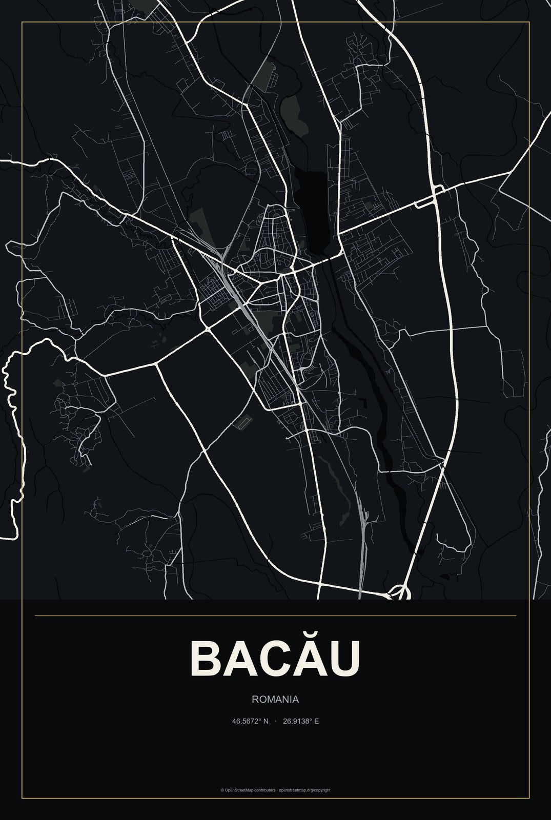 Bacău, Romania City Map Aluminum Sign in Metropolitan Noir style