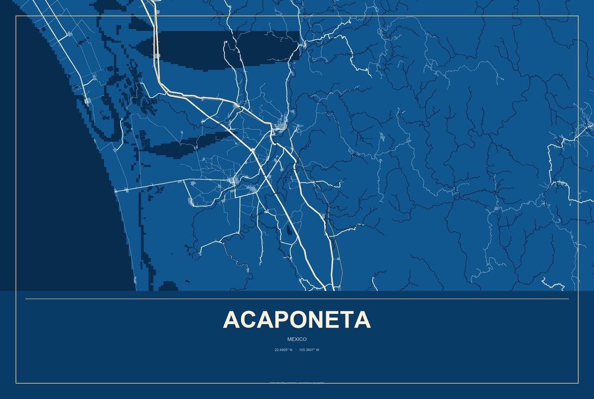 Acaponeta, Mexico City Map Aluminum Sign in Harbor Cobalt style