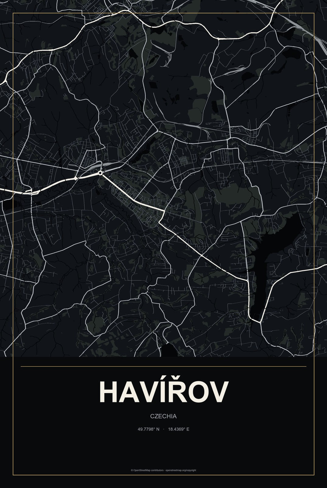 Havířov, Czechia City Map Aluminum Sign in Metropolitan Noir style