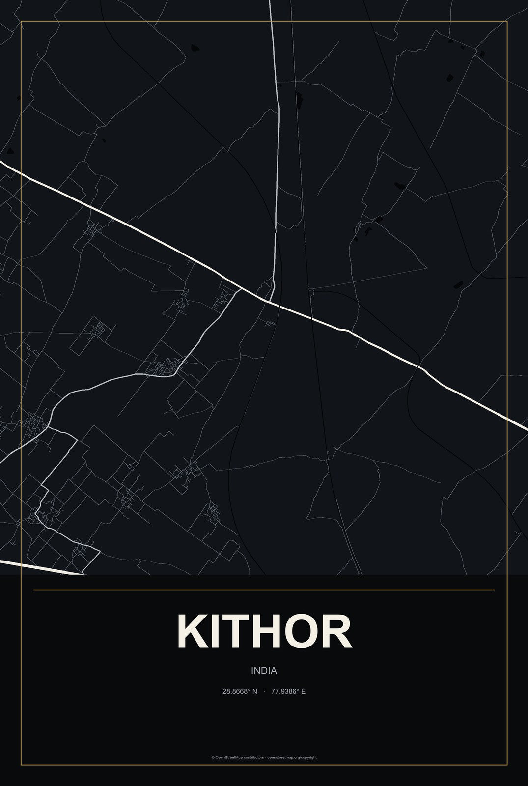 Kithor, India City Map Aluminum Sign in Metropolitan Noir style
