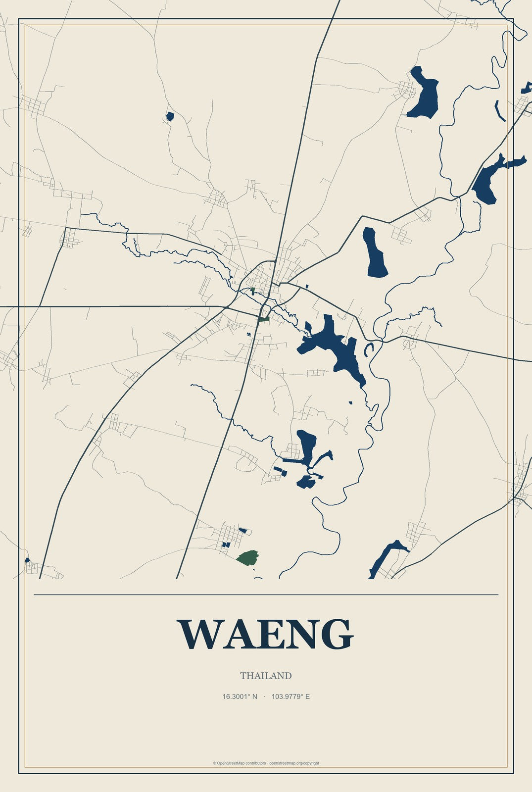 Waeng, Thailand City Map Aluminum Sign in Coastal Cutout style