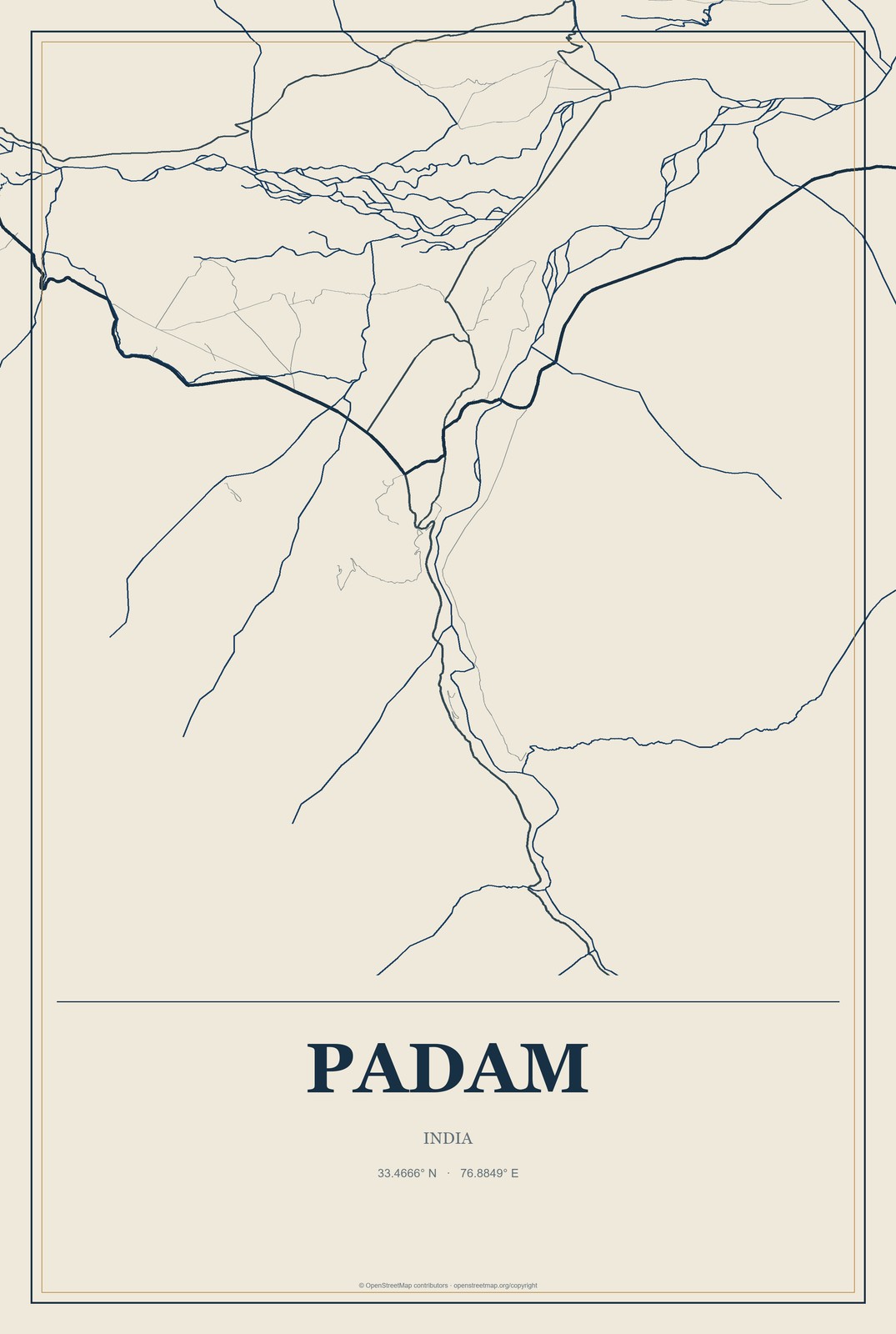 Padam, India City Map Aluminum Sign in Coastal Cutout style