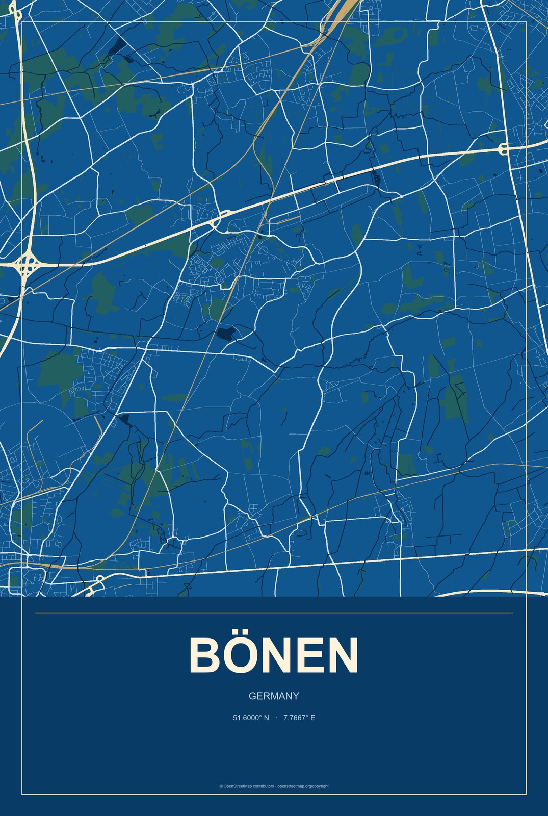 Bönen, Germany City Map Aluminum Sign in Harbor Cobalt style