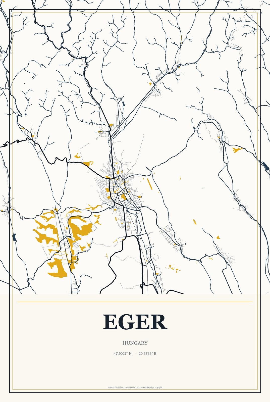 Eger, Hungary City Map Aluminum Sign in Citrine Modern style