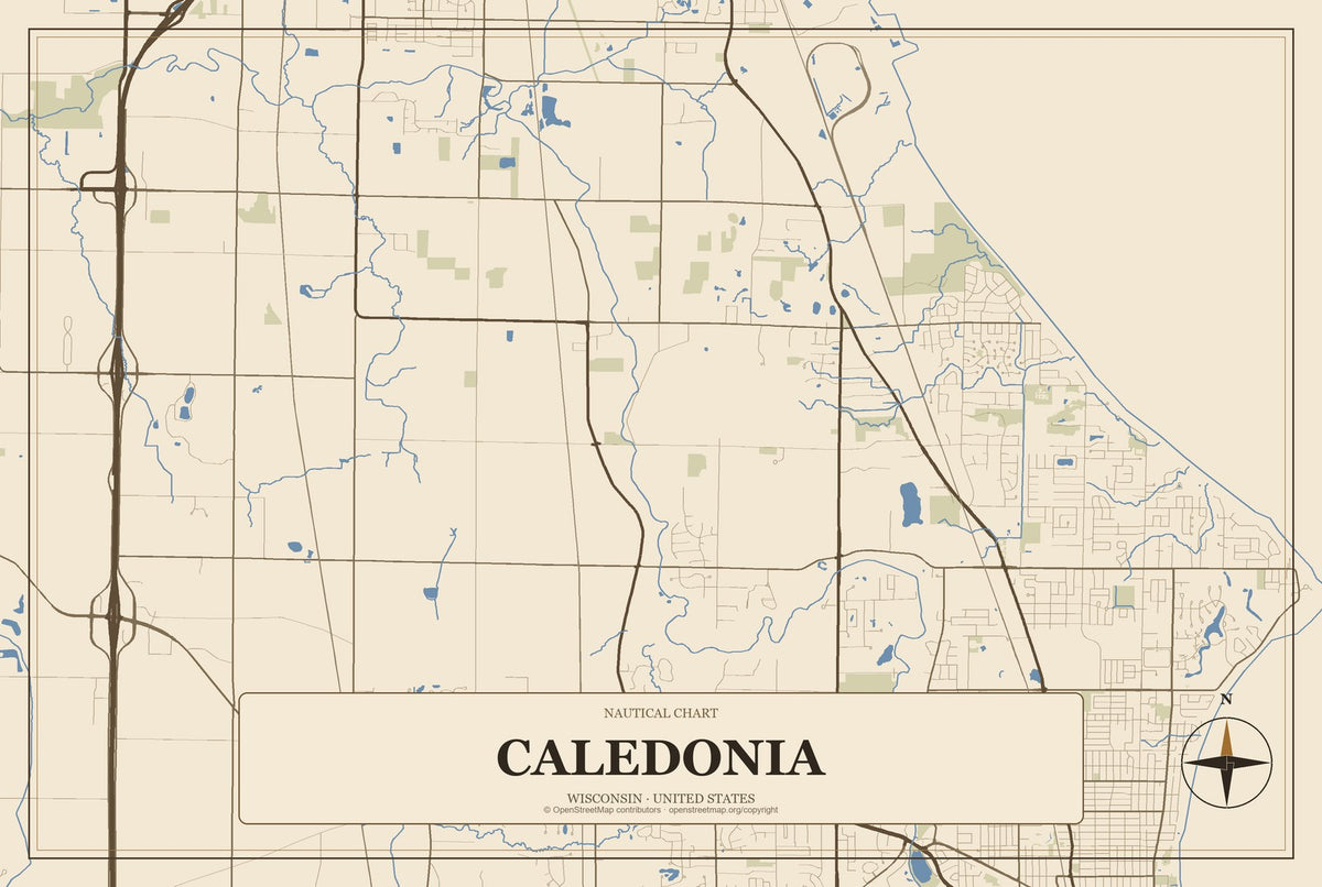 Caledonia, Wisconsin City Map Aluminum Sign in Heritage Nautical style