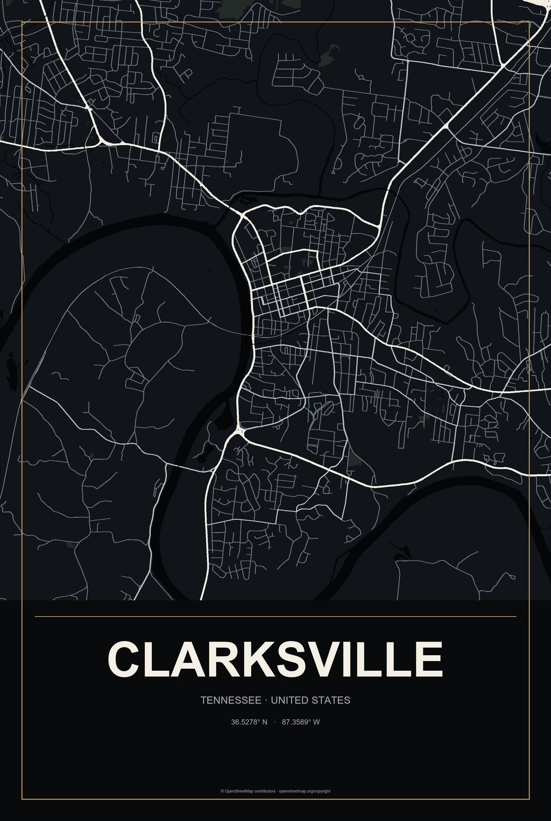 Clarksville, Tennessee City Map Aluminum Sign in Metropolitan Noir style