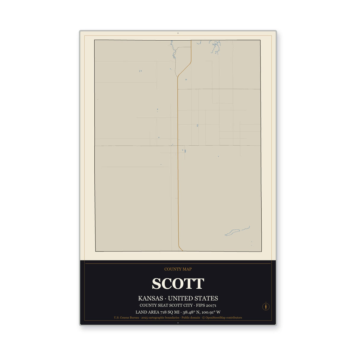 Scott County, Kansas Map Aluminum Sign in Museum Plaque style