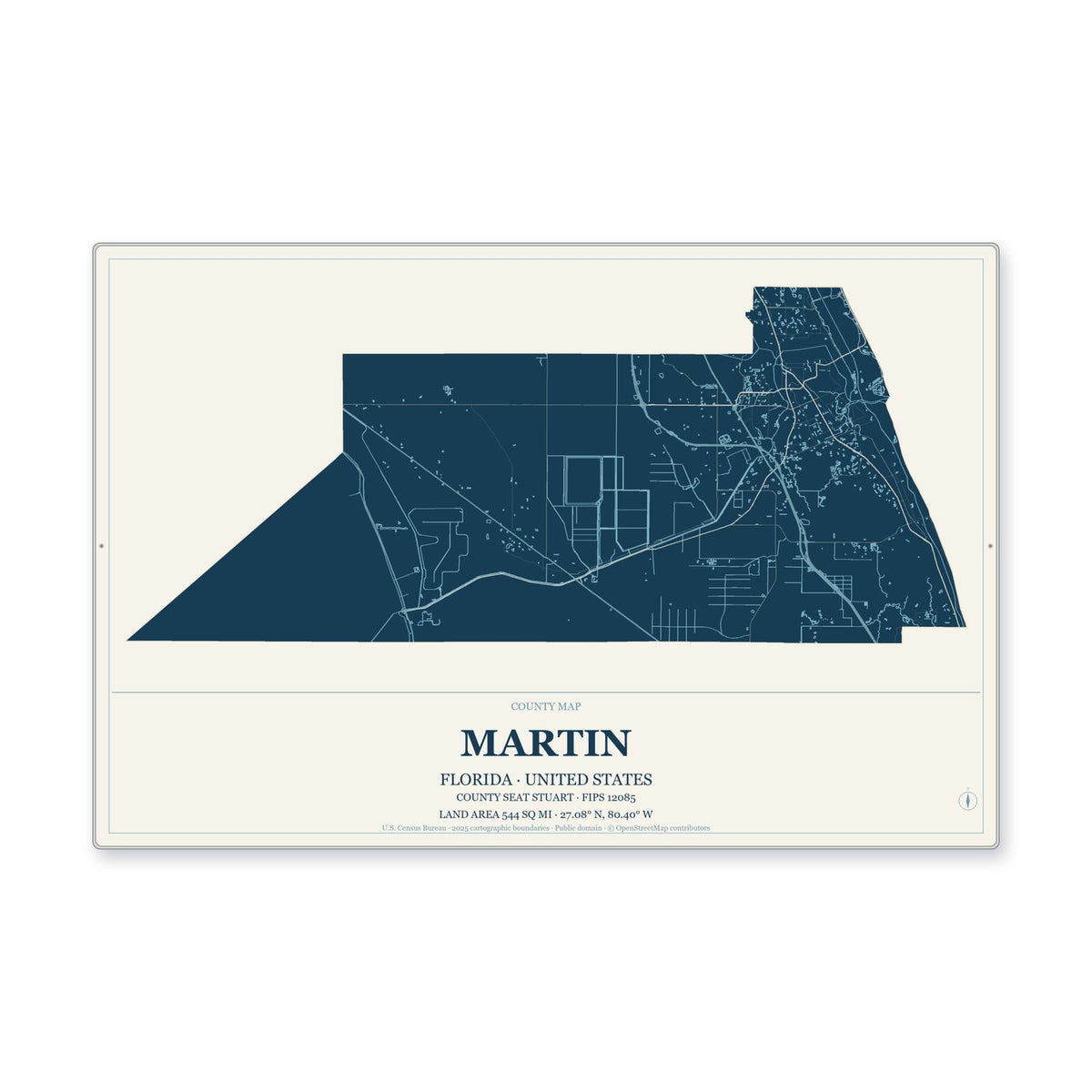Martin County, Florida Map Aluminum Sign in Coastal Cutout style
