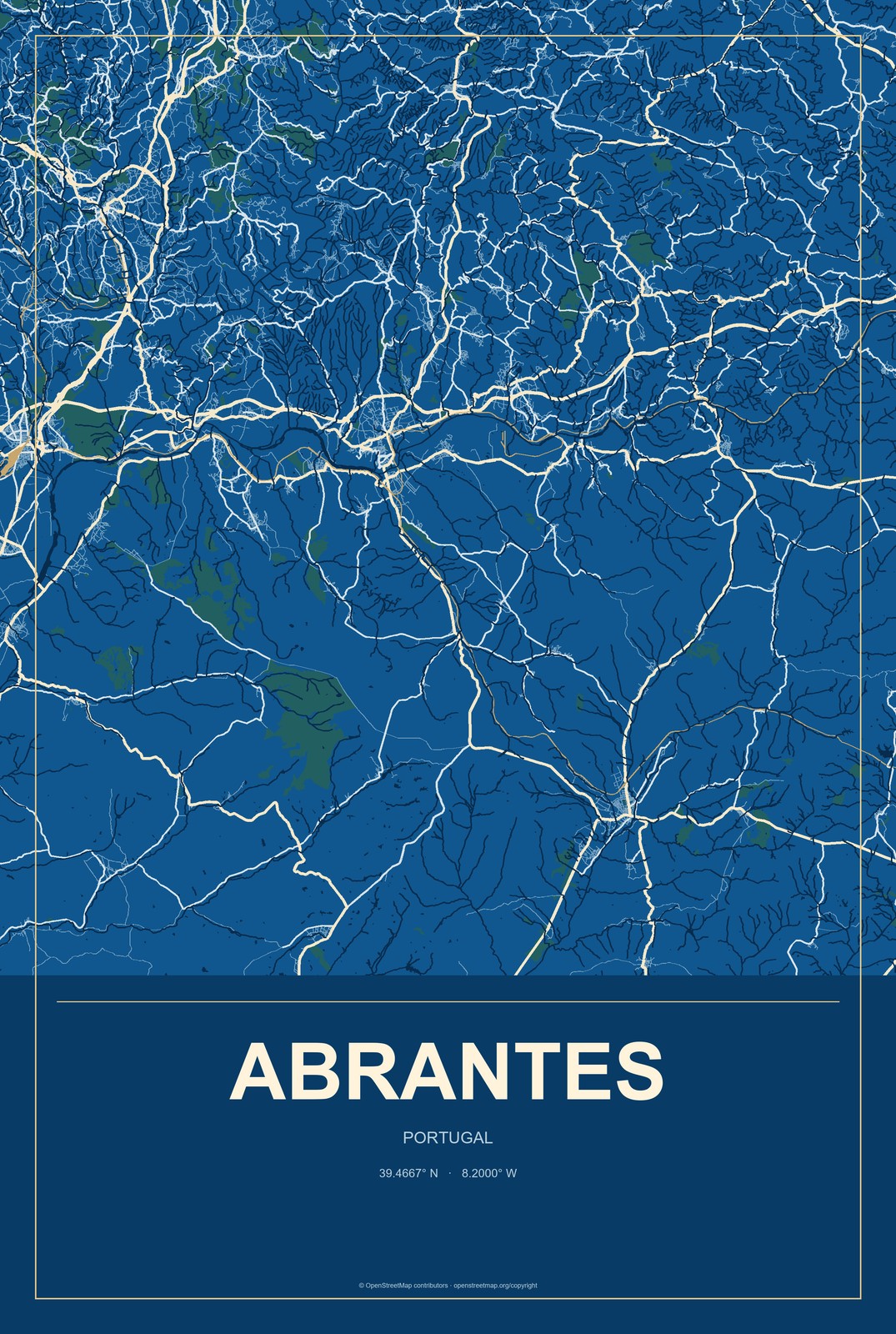 Abrantes, Portugal City Map Aluminum Sign in Harbor Cobalt style