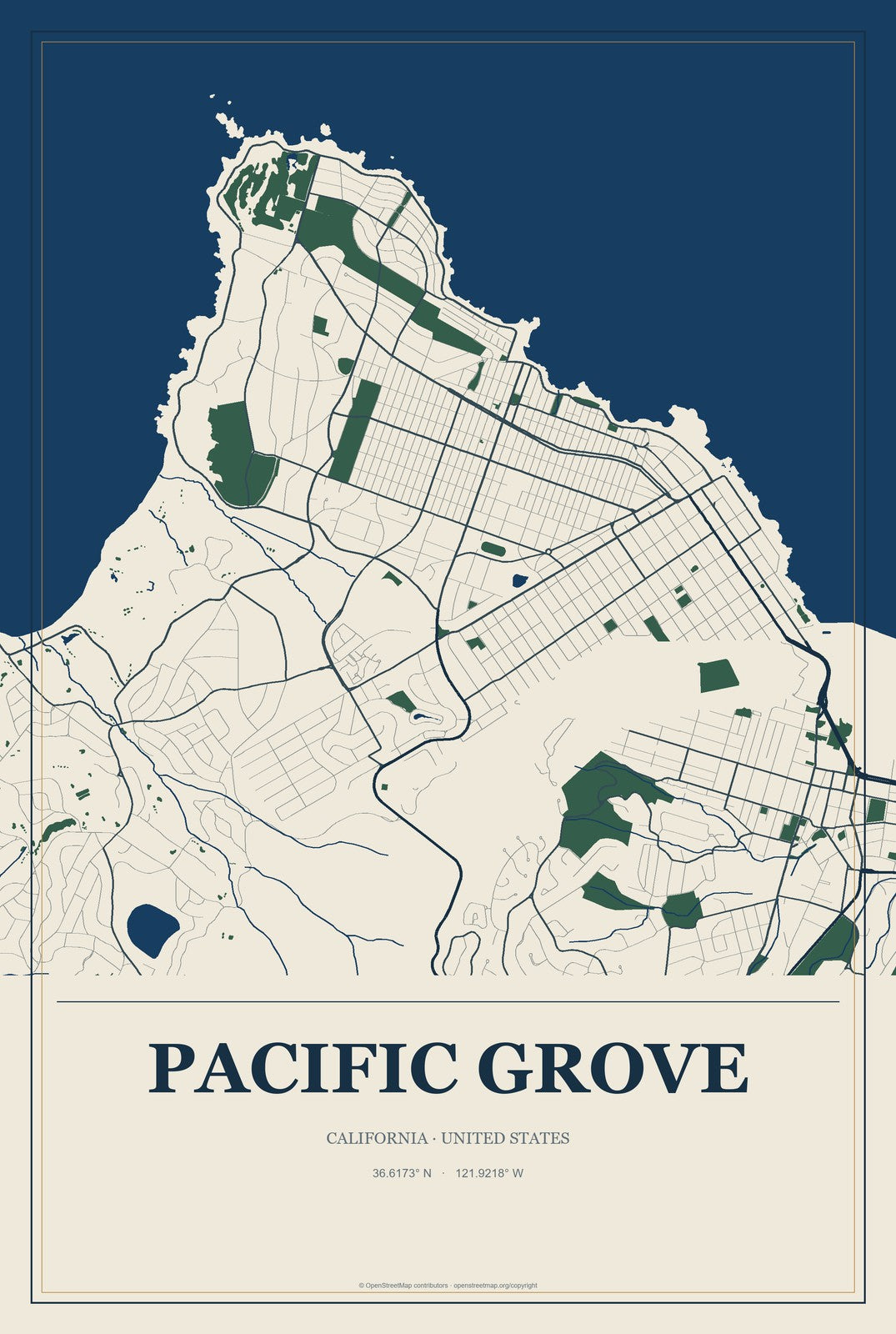 Pacific Grove, California City Map Aluminum Sign in Coastal Cutout style