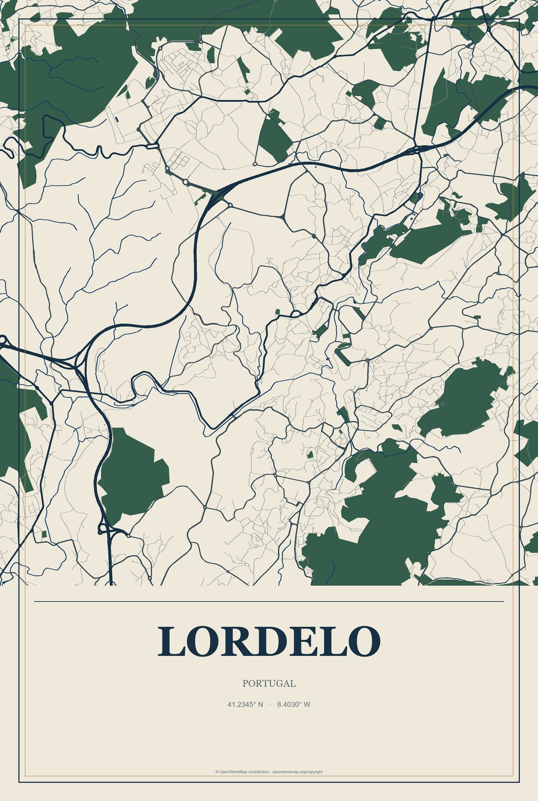 Lordelo, Portugal City Map Aluminum Sign in Coastal Cutout style
