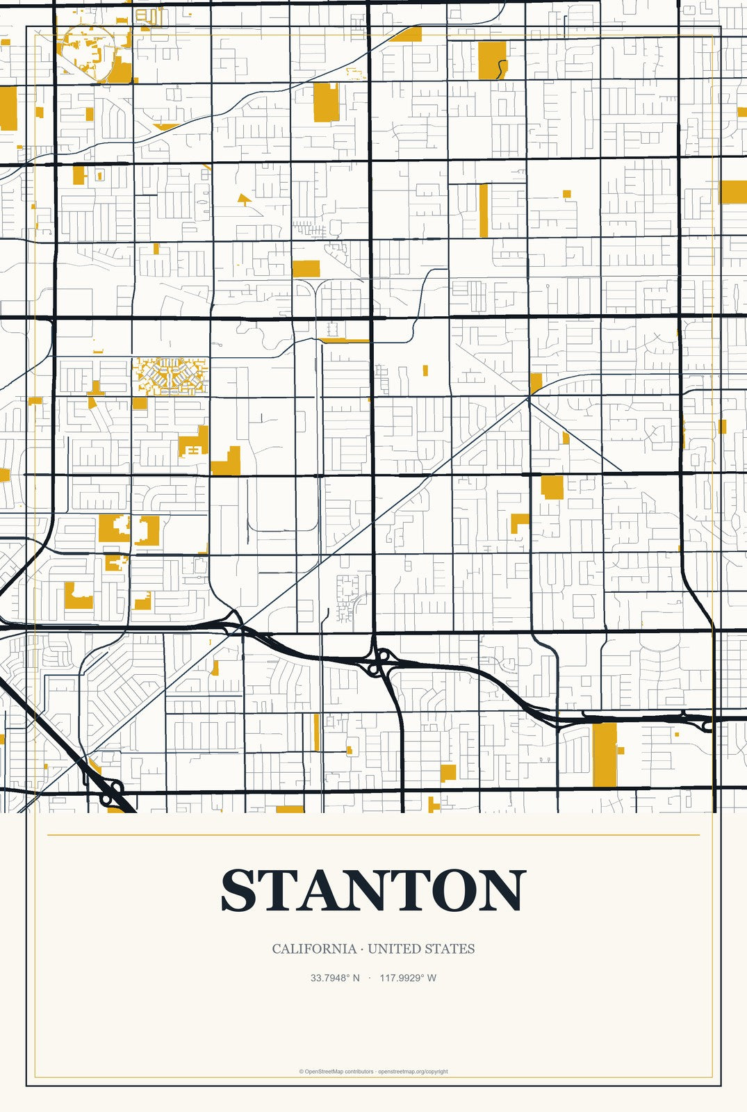Stanton, California City Map Aluminum Sign in Citrine Modern style