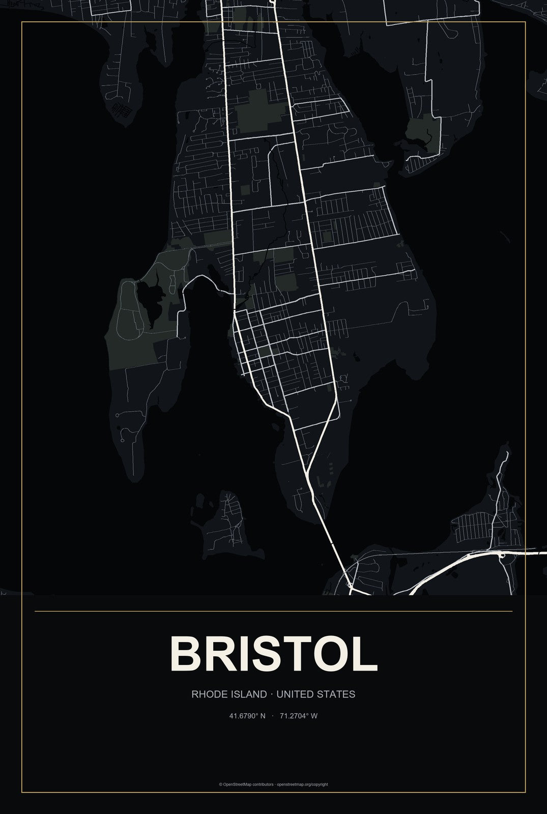 Bristol, Rhode Island City Map Aluminum Sign in Metropolitan Noir style