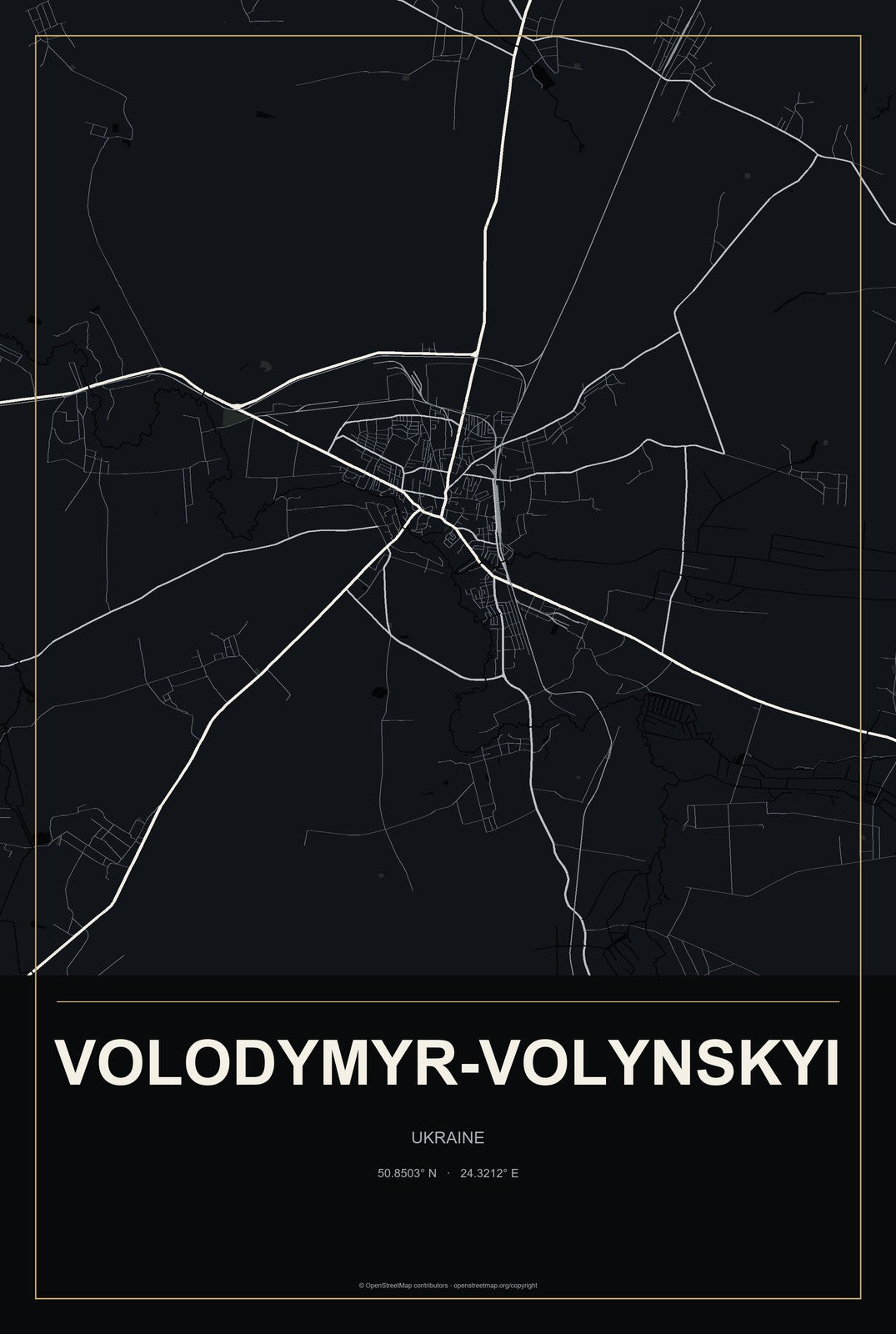 Volodymyr-Volynskyi, Ukraine City Map Aluminum Sign in Metropolitan Noir style