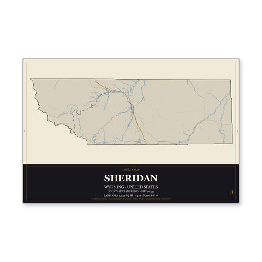 Sheridan County, Wyoming Map Aluminum Sign in Museum Plaque style