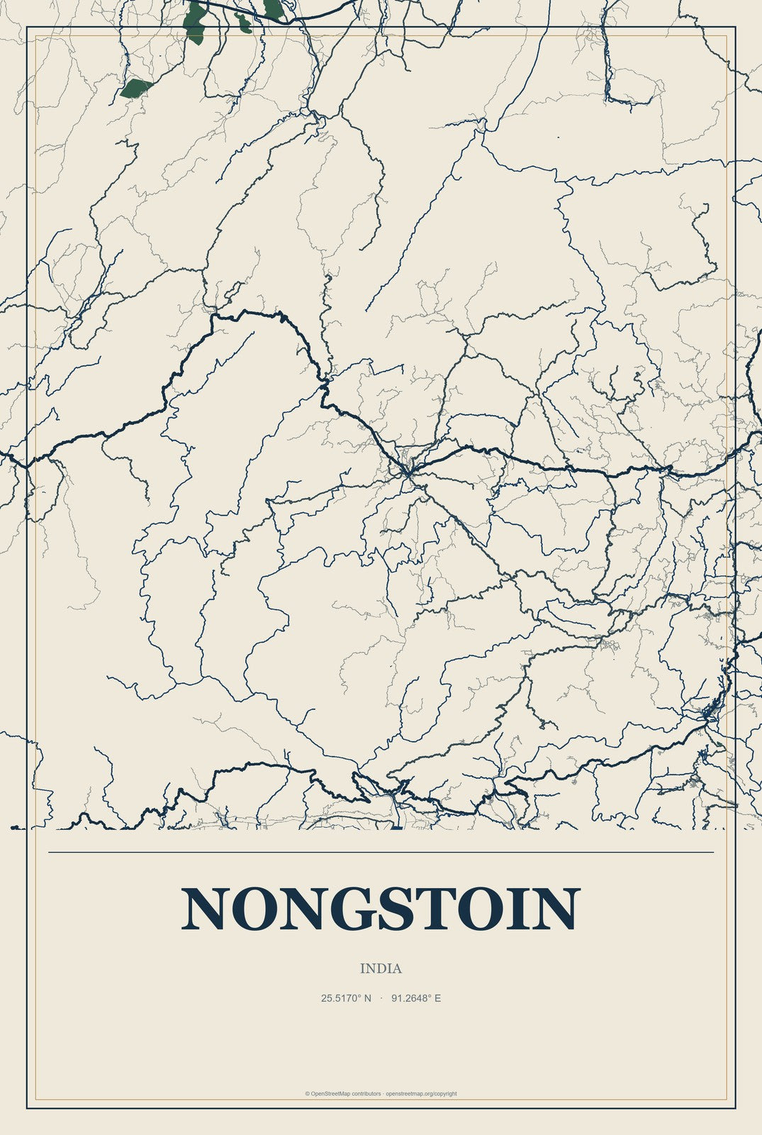 Nongstoin, India City Map Aluminum Sign in Coastal Cutout style