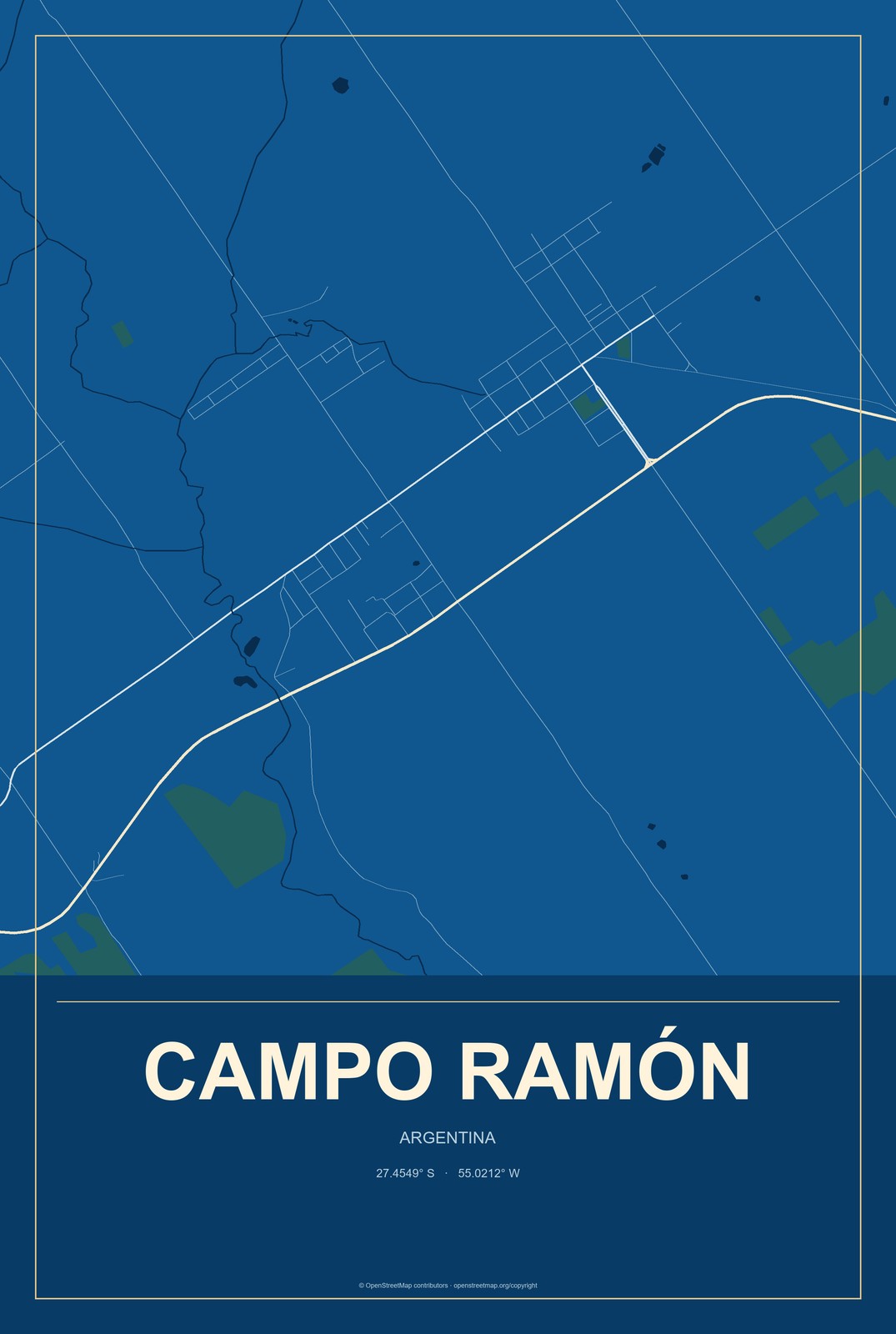 Campo Ramón, Argentina City Map Aluminum Sign in Harbor Cobalt style