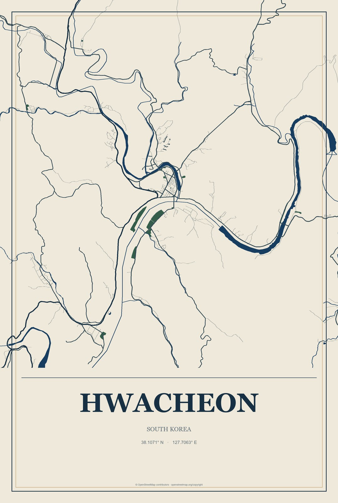 Hwacheon, South Korea City Map Aluminum Sign in Coastal Cutout style