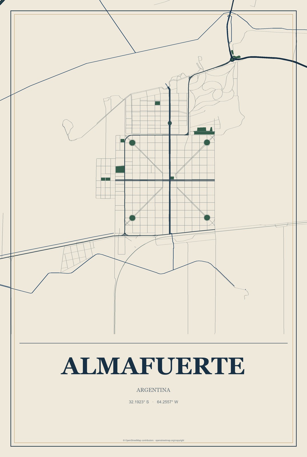 Almafuerte, Argentina City Map Aluminum Sign in Coastal Cutout style