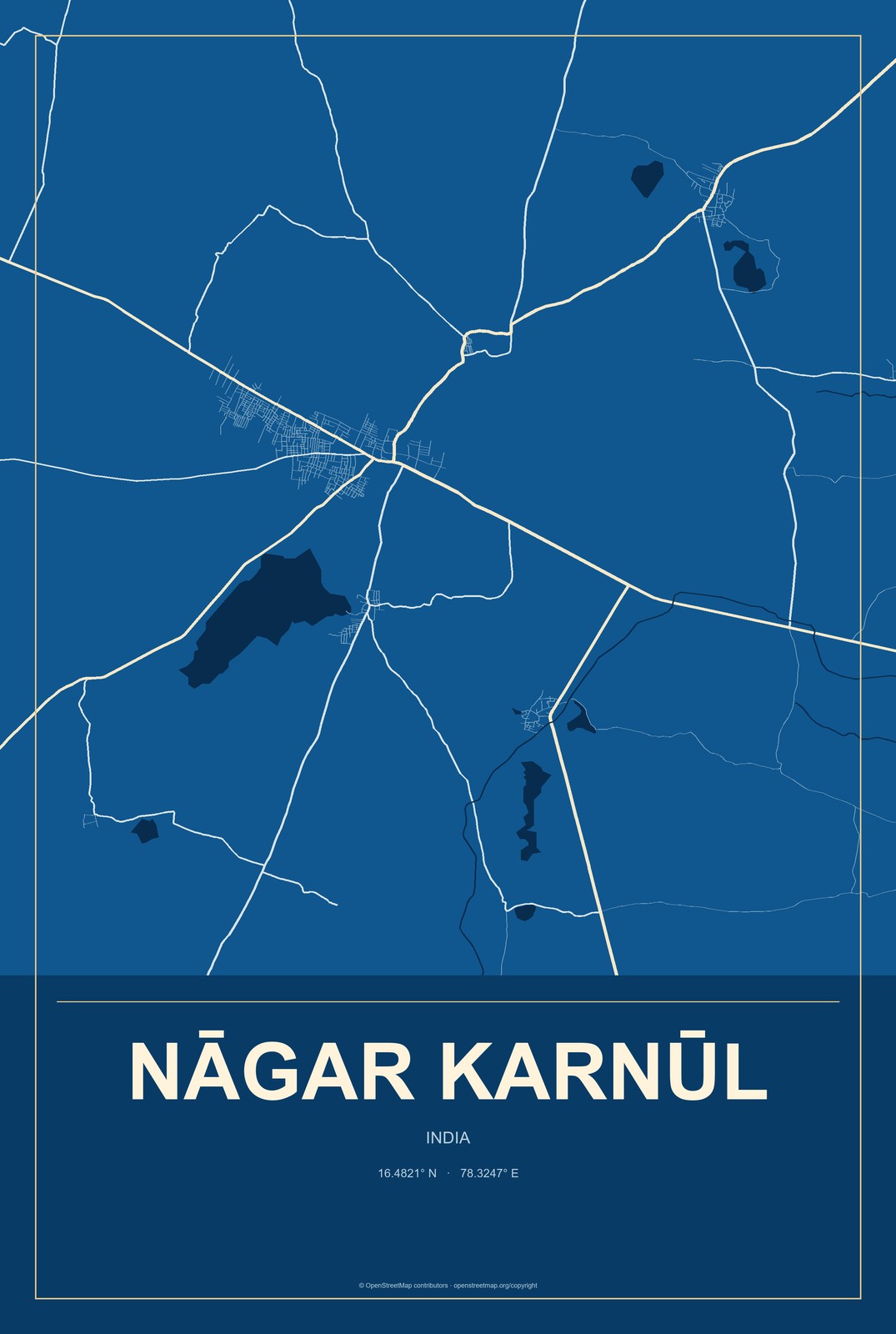 Nāgar Karnūl, India City Map Aluminum Sign in Harbor Cobalt style