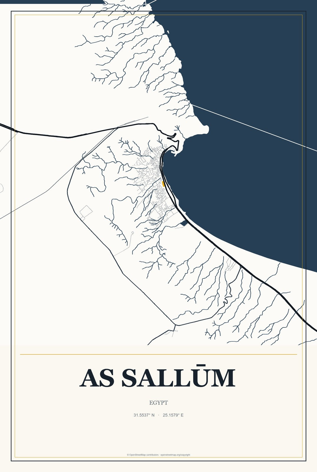 As Sallūm, Egypt City Map Aluminum Sign in Citrine Modern style