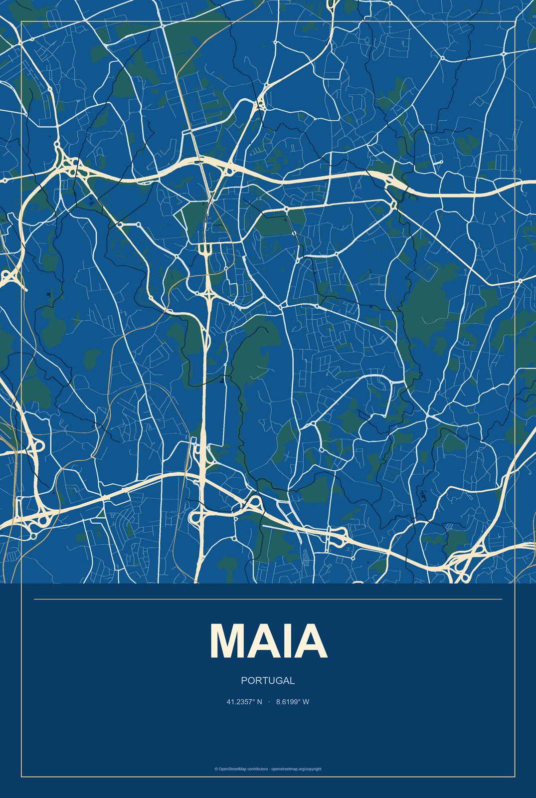 Maia, Portugal City Map Aluminum Sign in Harbor Cobalt style