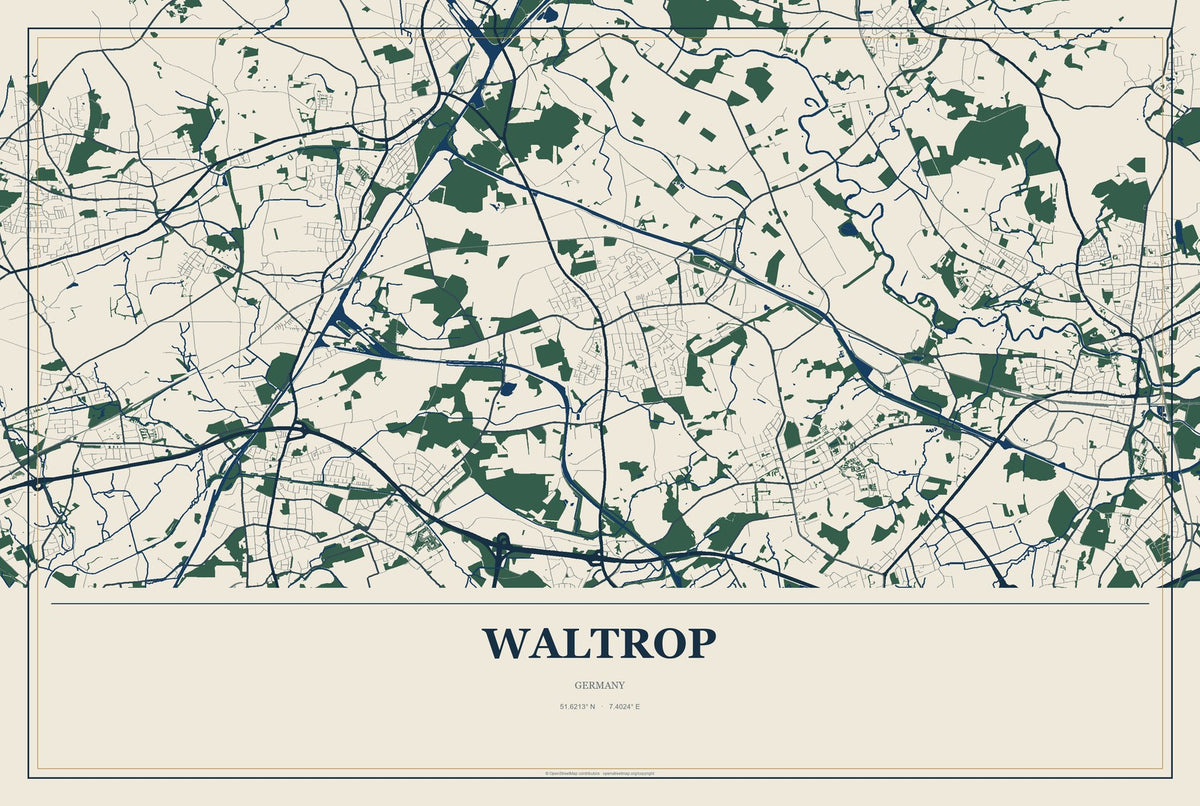 Waltrop, Germany City Map Aluminum Sign in Coastal Cutout style