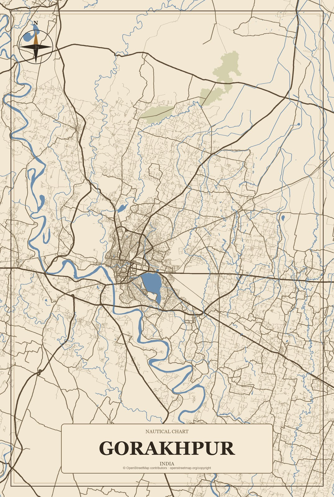 Gorakhpur, Haryana, India City Map Aluminum Sign in Heritage Nautical style