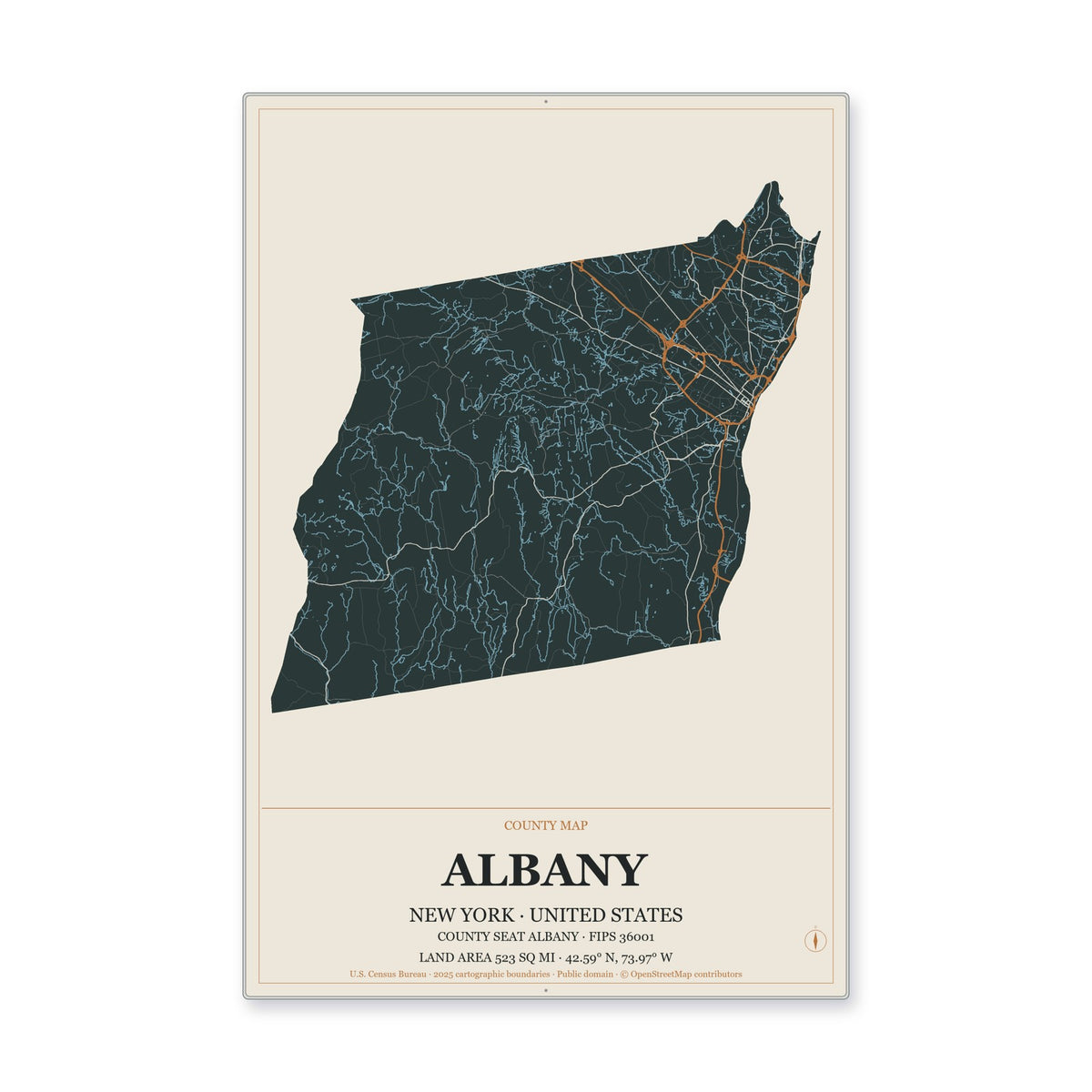 Albany County, New York Map Aluminum Sign in Headline Atlas style