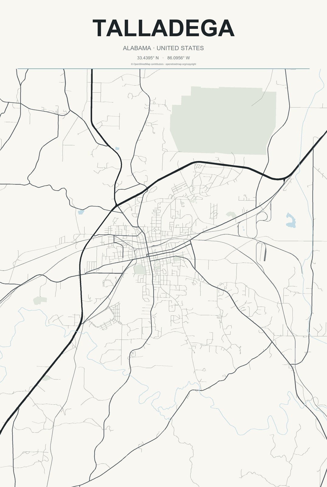 Talladega, Alabama City Map Aluminum Sign in Headline Atlas style