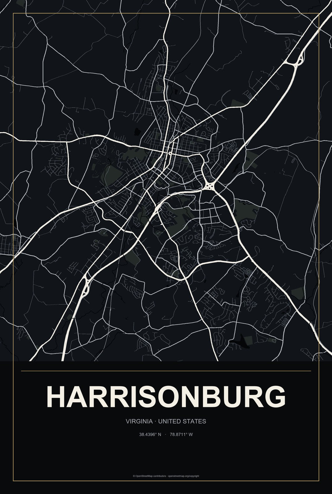 Harrisonburg, Virginia City Map Aluminum Sign in Metropolitan Noir style