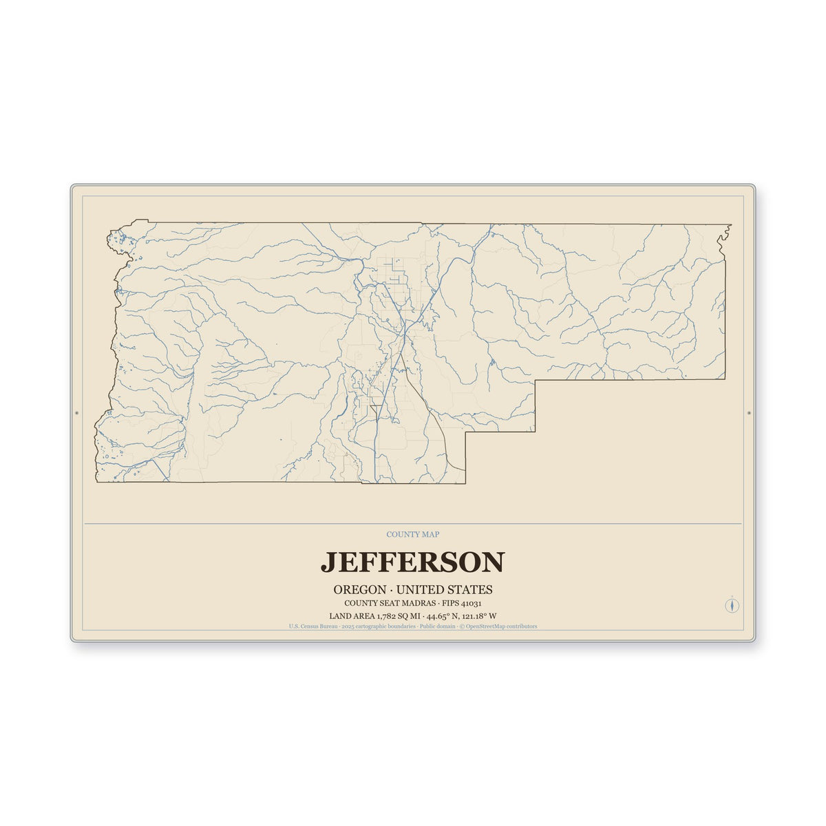 Jefferson County, Oregon Map Aluminum Sign in Heritage Nautical style