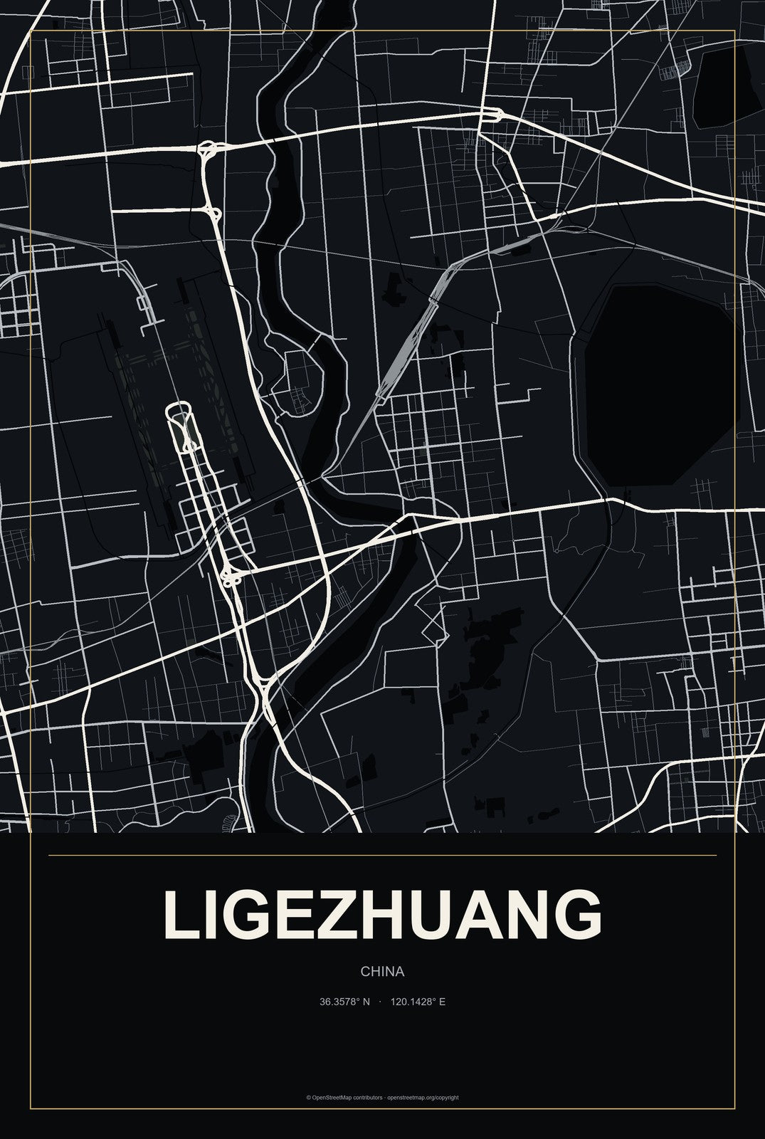 Ligezhuang, China City Map Aluminum Sign in Metropolitan Noir style