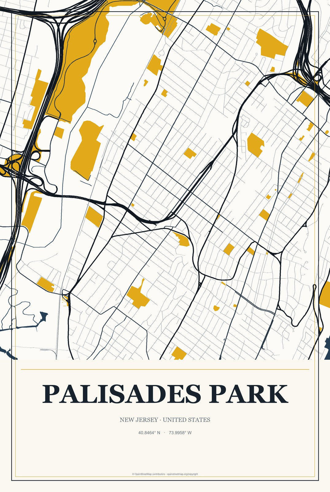 Palisades Park, New Jersey City Map Aluminum Sign in Citrine Modern style