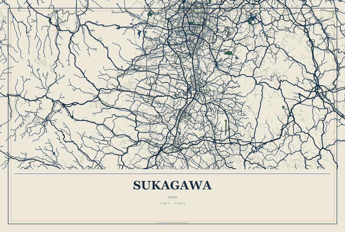 Sukagawa, Japan City Map Aluminum Sign in Coastal Cutout style