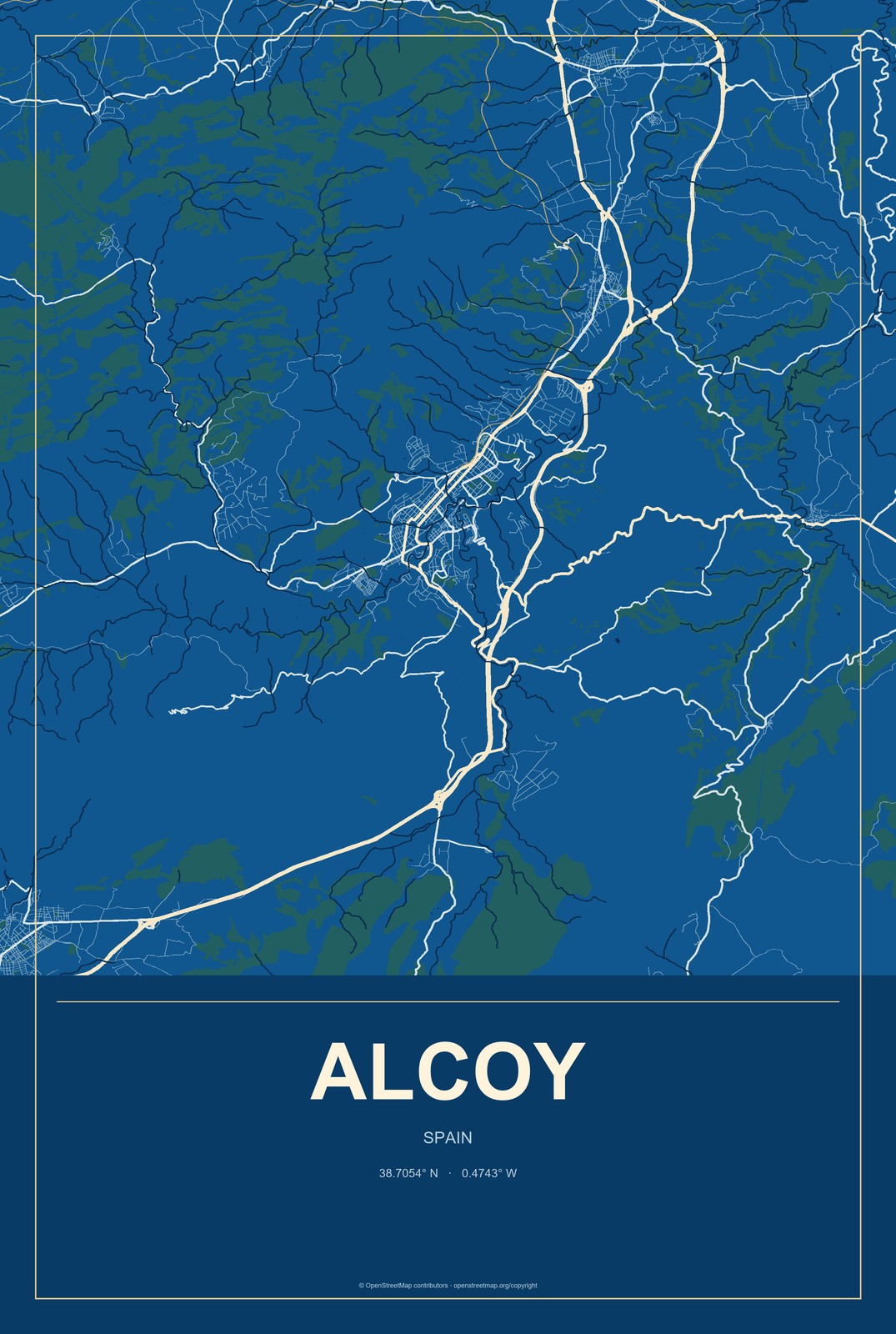 Alcoy, Spain City Map Aluminum Sign in Harbor Cobalt style