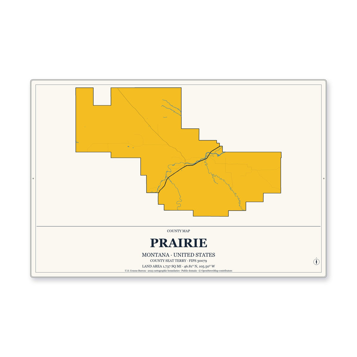 Prairie County, Montana Map Aluminum Sign in Citrine Modern style