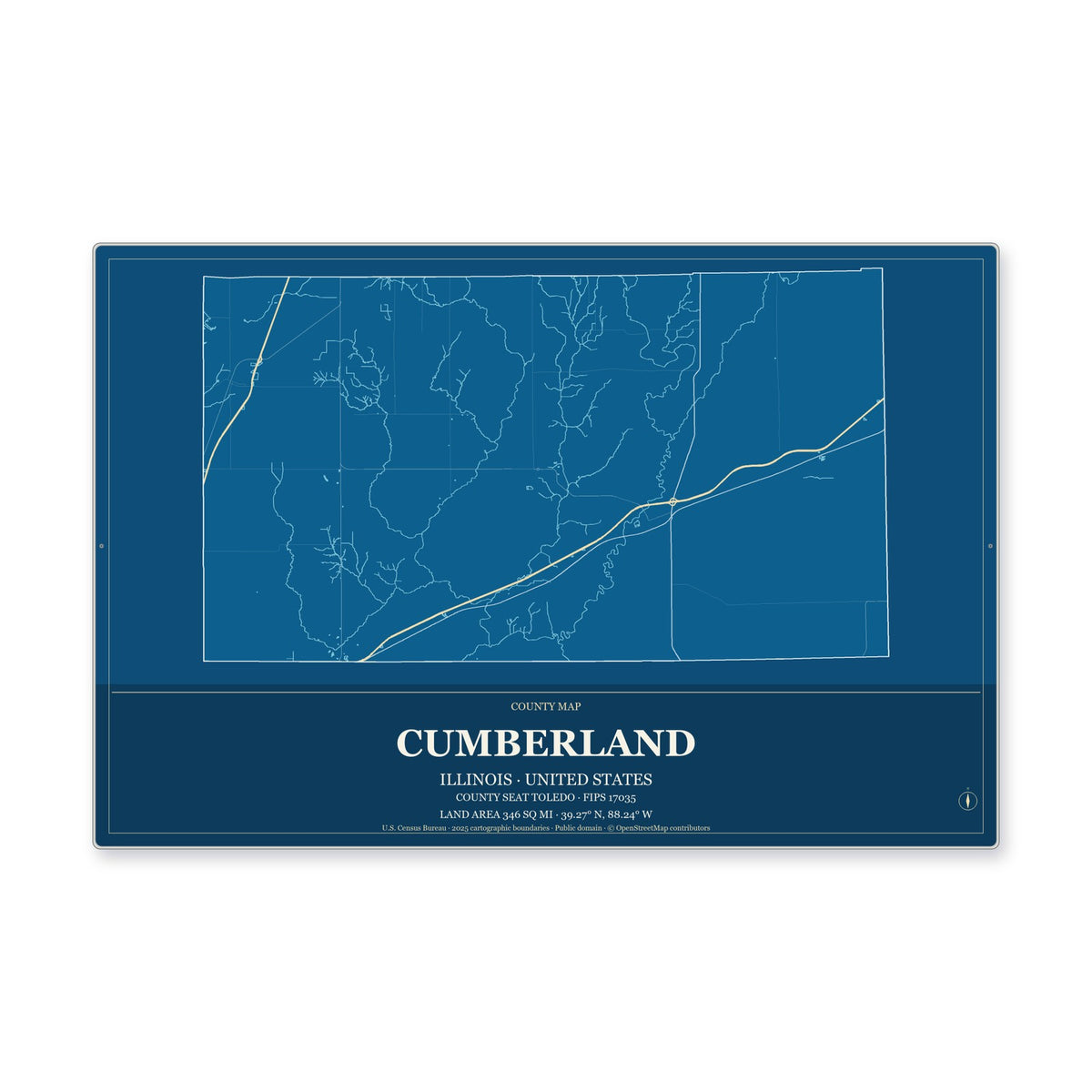 Cumberland County, Illinois Map Aluminum Sign in Harbor Cobalt style
