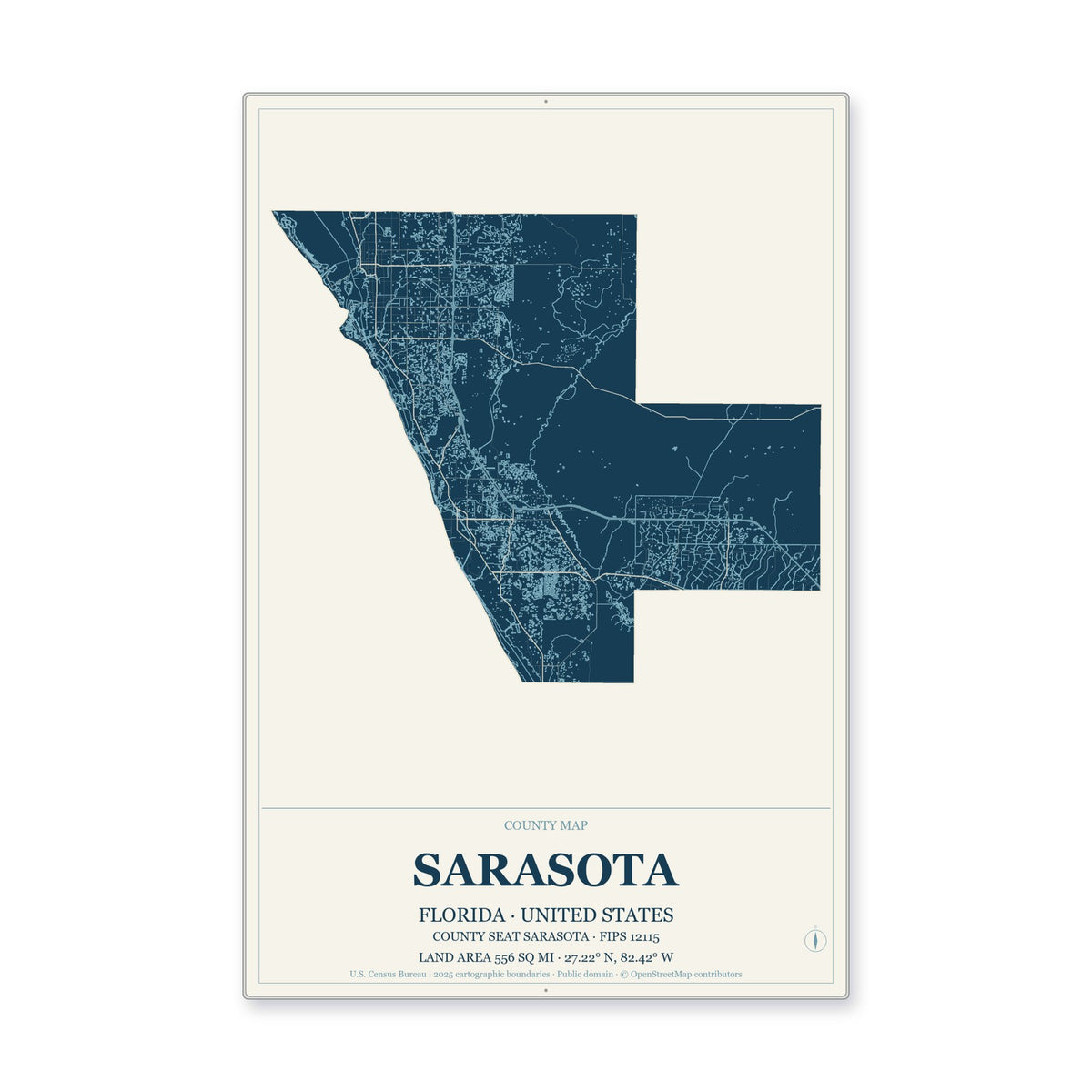 Sarasota County, Florida Map Aluminum Sign in Coastal Cutout style