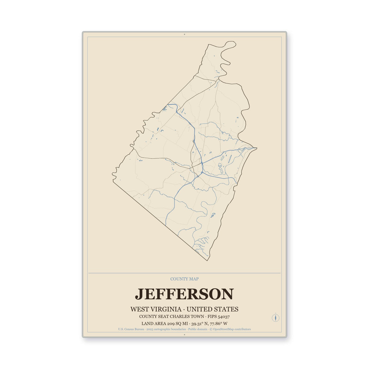 Jefferson County, West Virginia Map Aluminum Sign in Heritage Nautical style
