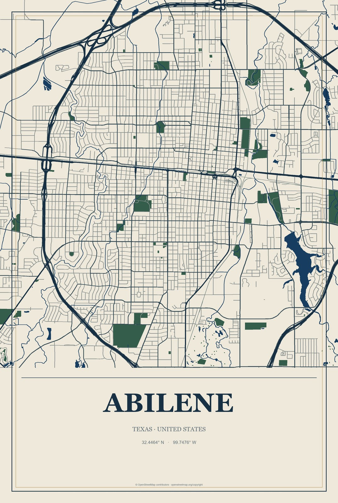 Abilene, Texas City Map Aluminum Sign in Coastal Cutout style