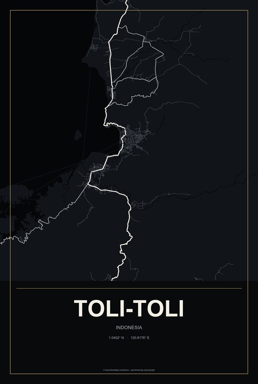 Toli-Toli, Indonesia City Map Aluminum Sign in Metropolitan Noir style