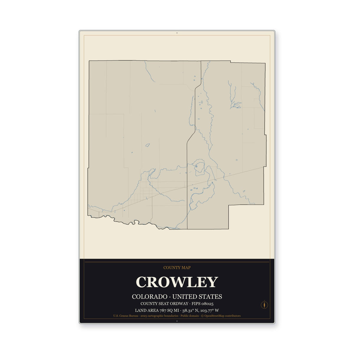 Crowley County, Colorado Map Aluminum Sign in Museum Plaque style