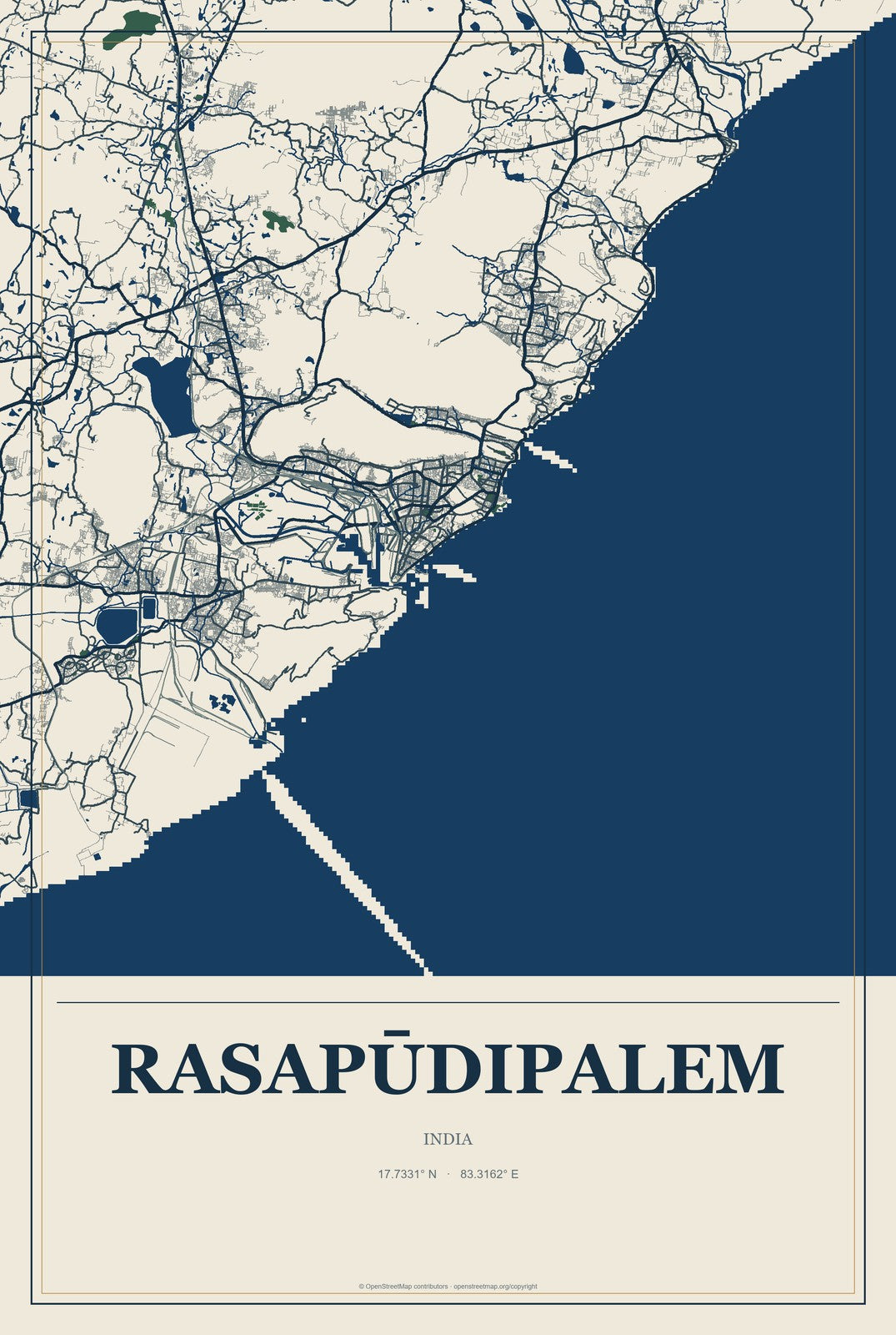 Rasapūdipalem, India City Map Aluminum Sign in Coastal Cutout style